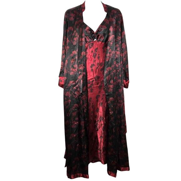 Cabernet Nightgown Maxi Long Kimono Robe Size L Red Black Sleeveless Knot Accent - Picture 1 of 6